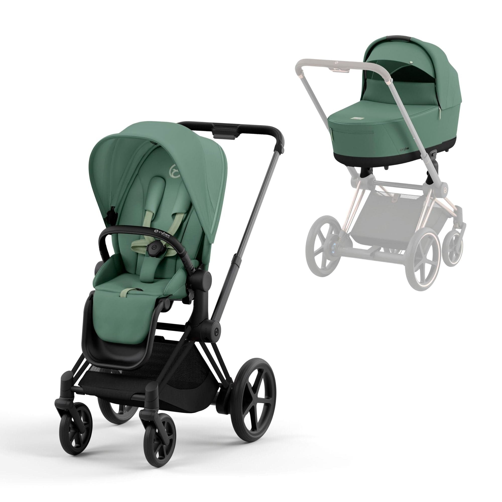 Cybex e-Priam & Lux Cot in Leaf Green Baby Prams 16736-BLK-GRN 4063846415694