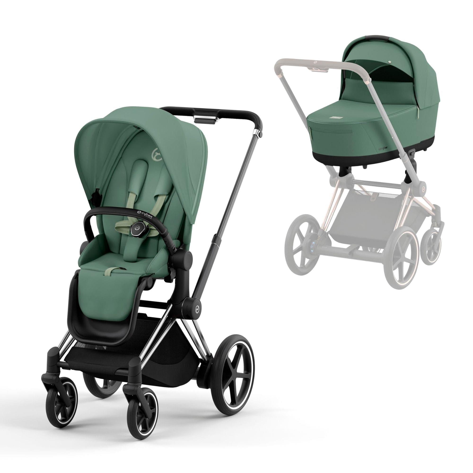 Cybex e-Priam & Lux Cot in Leaf Green Baby Prams 16736-CH-BLK-GRN 4063846415694