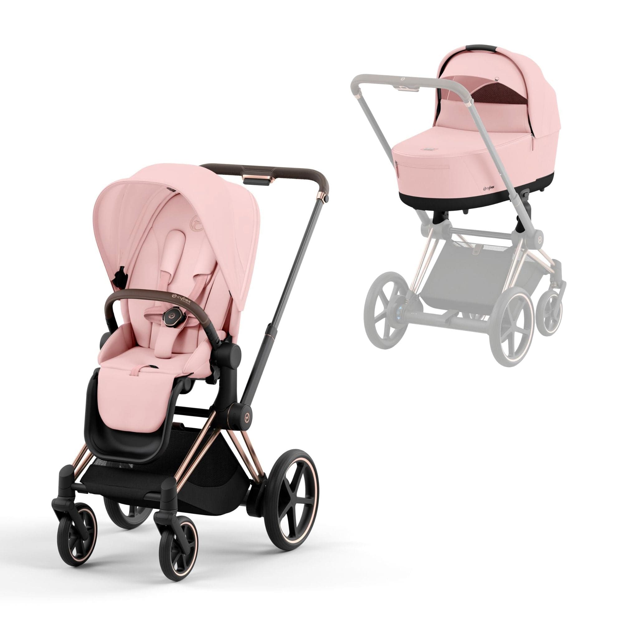 Cybex e-Priam & Lux Cot in Peach Pink Baby Prams 16744-BLK-PNK 4063846415618