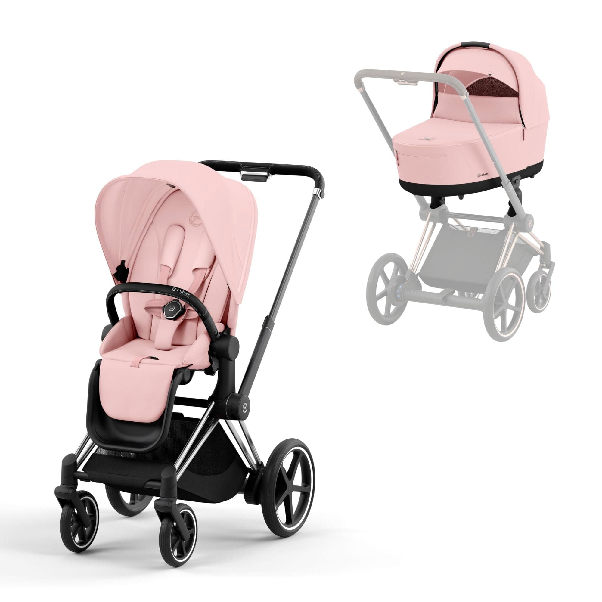 Cybex e-Priam & Lux Cot in Peach Pink Baby Prams 16744-CH-BLK-PNK 4063846415618