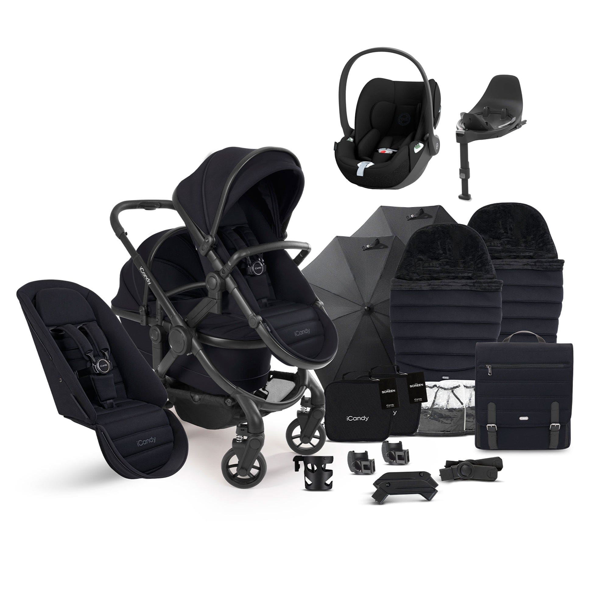 iCandy Peach 7 Double Complete Cybex Travel System in Black Pram Bundles 17714-DOUB-COMPLETE-BL 5010334058535