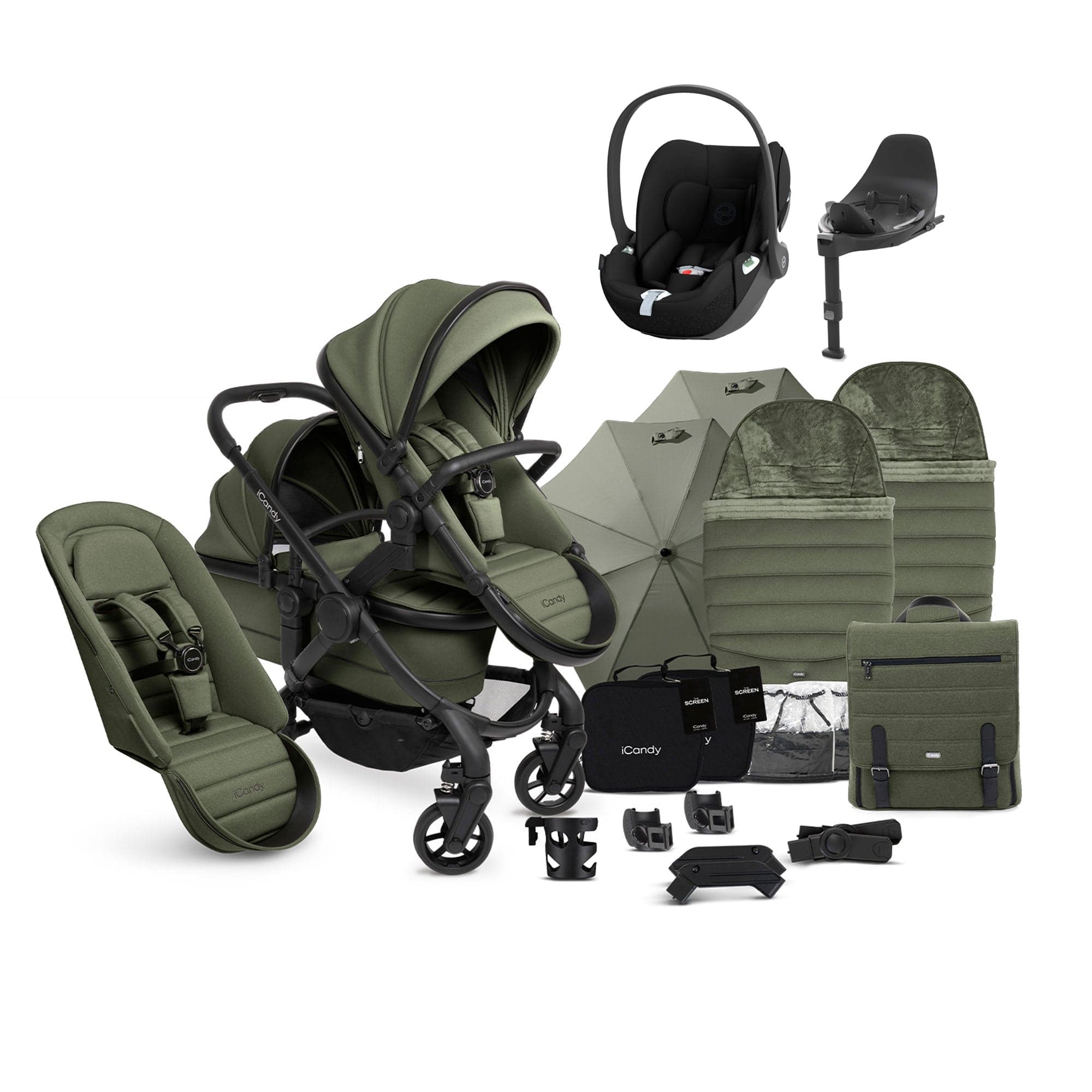 iCandy Peach 7 Double Complete Cybex Travel System in Ivy Pram Bundles 17716-DOUB-COMPLETE-IV 5010334058603