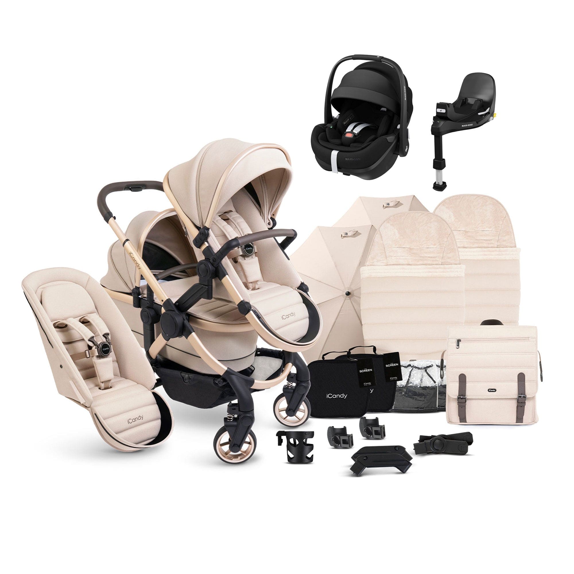 iCandy Peach 7 Double Complete Maxi-Cosi Travel System in Biscotti Pram Bundles 17742-DOU-TS-MAXI-P2-BC 5010334058559