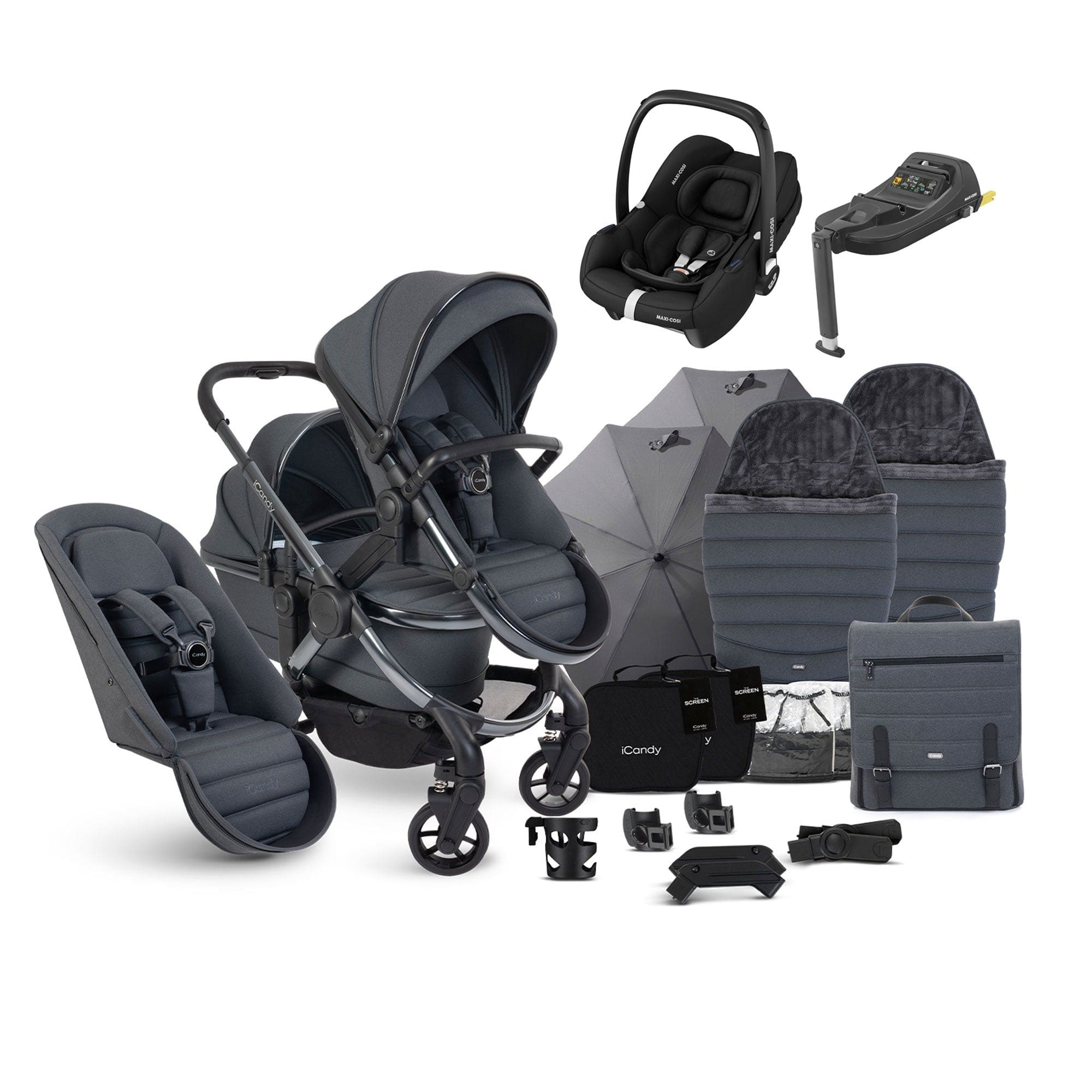 iCandy Peach 7 Double Complete Maxi-Cosi Travel System in Dark Grey Pram Bundles 17721-DOU-TS-MAXI-CF-DG 5010334058528