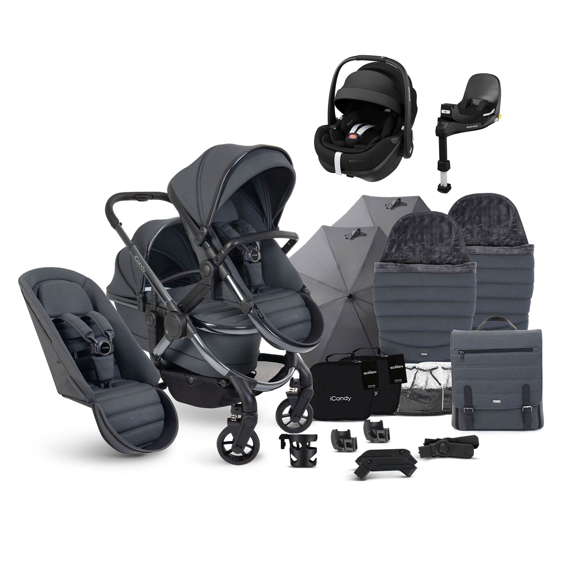 iCandy Peach 7 Double Complete Maxi-Cosi Travel System in Dark Grey Pram Bundles 17737-DOU-TS-MAXI-P2-DG 5010334058528