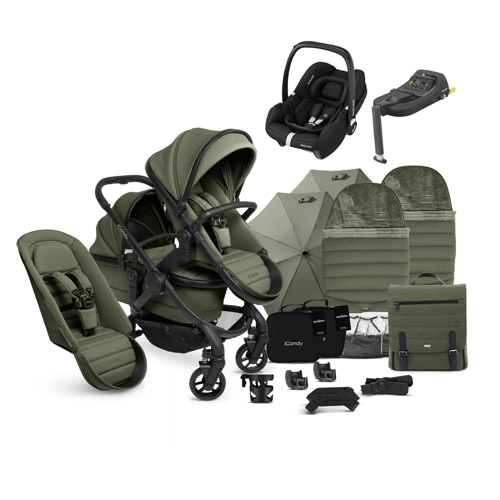 iCandy Peach 7 Double Complete Maxi-Cosi Travel System in Ivy Pram Bundles 17725-DOU-TS-MAXI-CF-IV 5010334058603