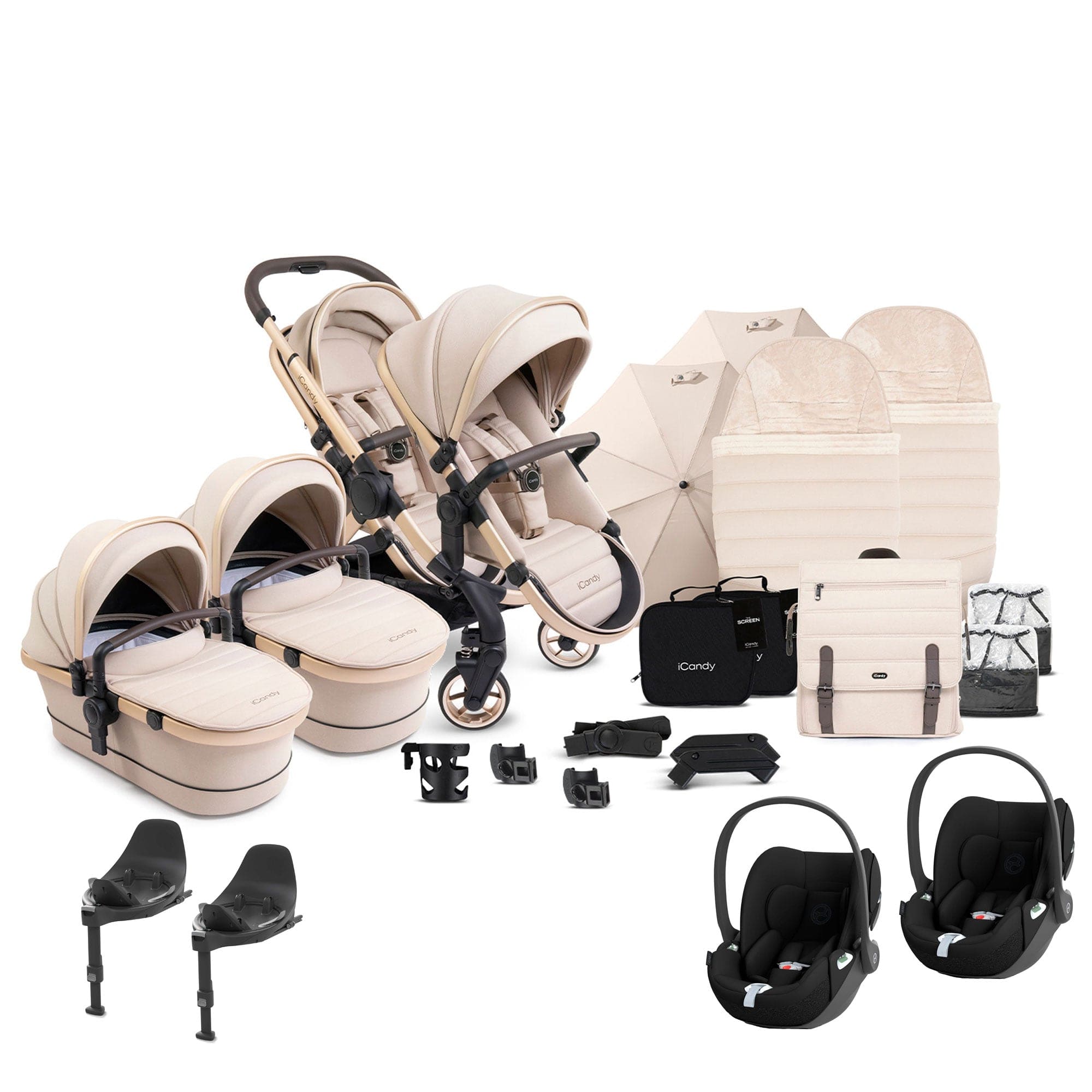 iCandy Peach 7 Twin Complete Cybex Travel System in Biscotti Pram Bundles 17750-TWIN-COM-CG-BC 5010334058641