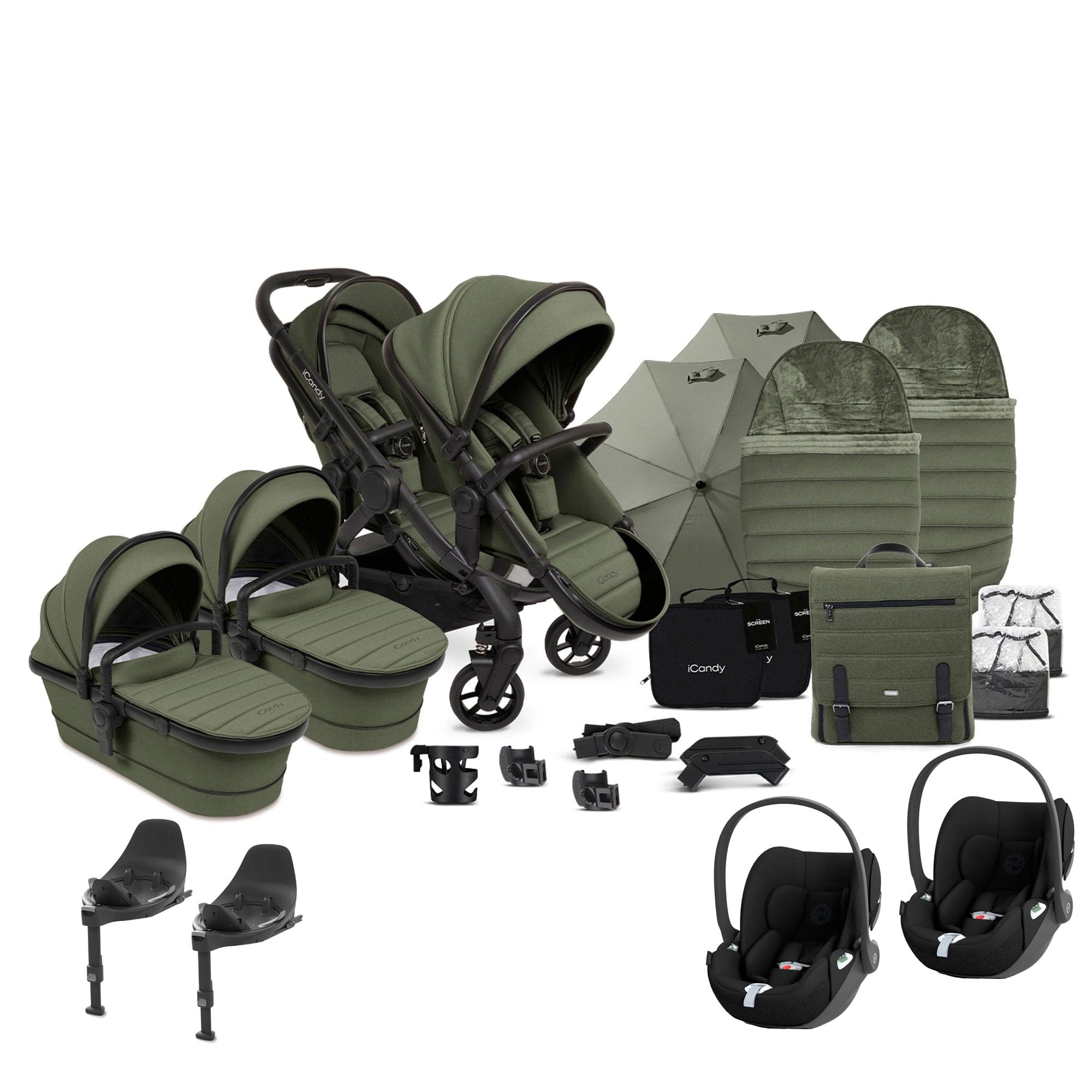 iCandy Peach 7 Twin Complete Cybex Travel System in Ivy Pram Bundles 17749-TWIN-COM-CG-IV 5010334058696