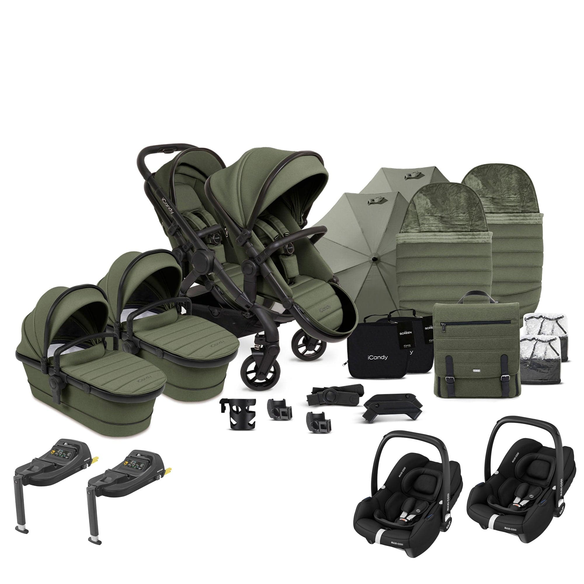 iCandy Peach 7 Twin Complete Maxi-Cosi Travel System in Ivy Pram Bundles 17808-TWIN-COM-IVY 5010334058696