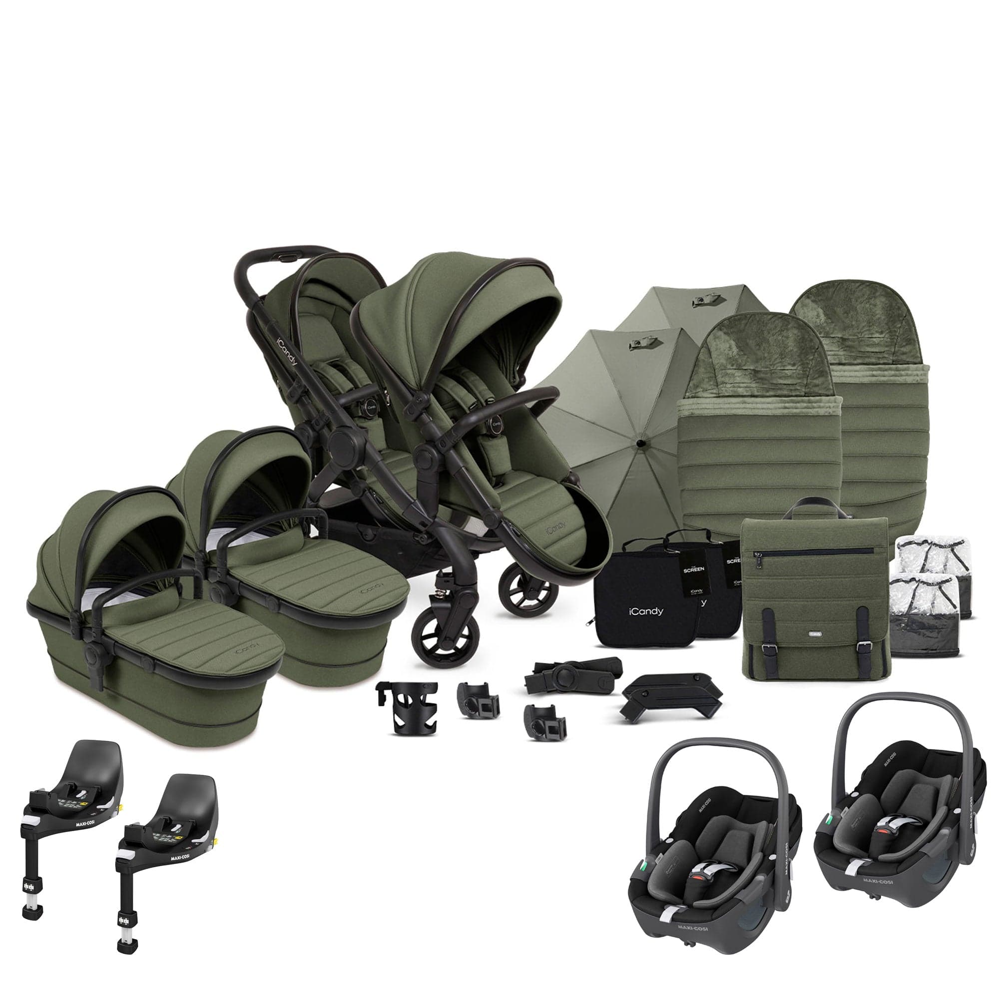 iCandy Peach 7 Twin Complete Maxi-Cosi Travel System in Ivy Pram Bundles 17809-TWIN-COM-IVY 5010334058696