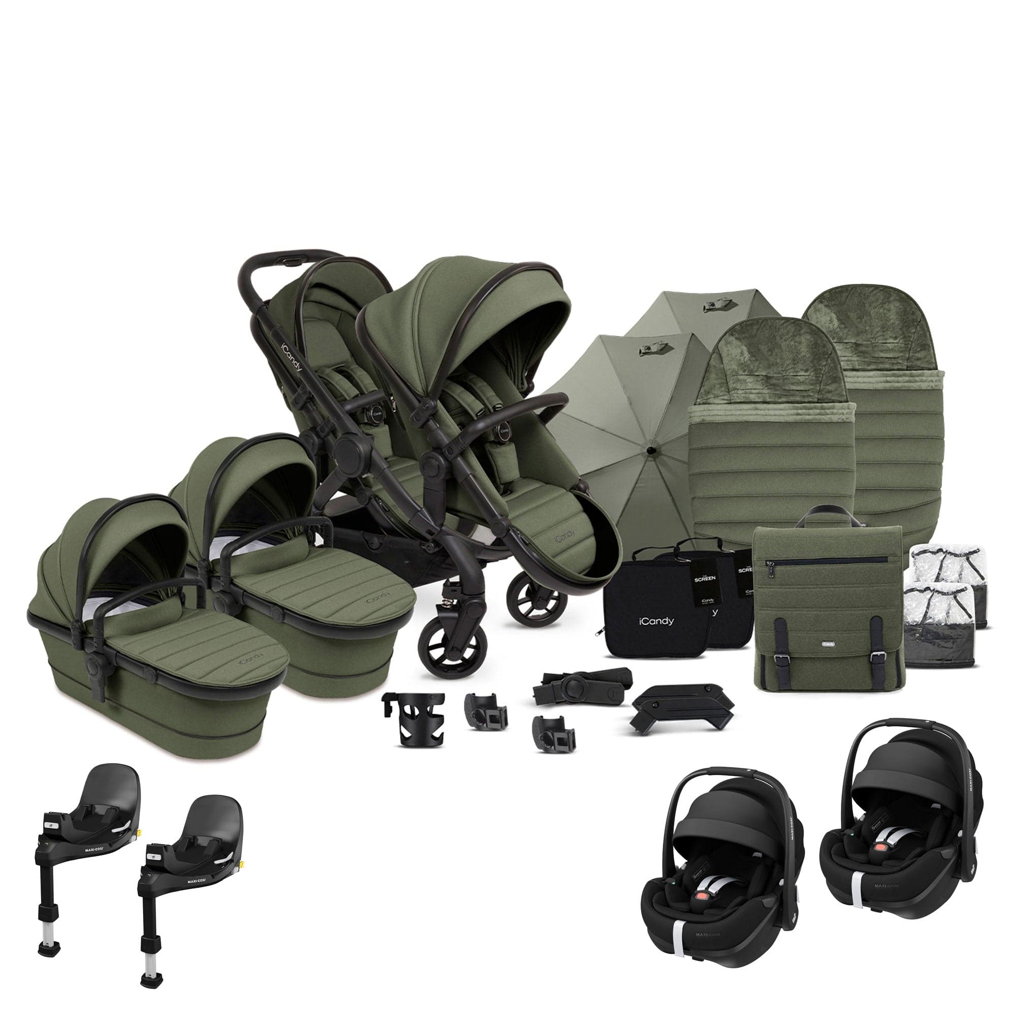 iCandy Peach 7 Twin Complete Maxi-Cosi Travel System in Ivy Pram Bundles 17810-TWIN-COM-IVY 5010334058696