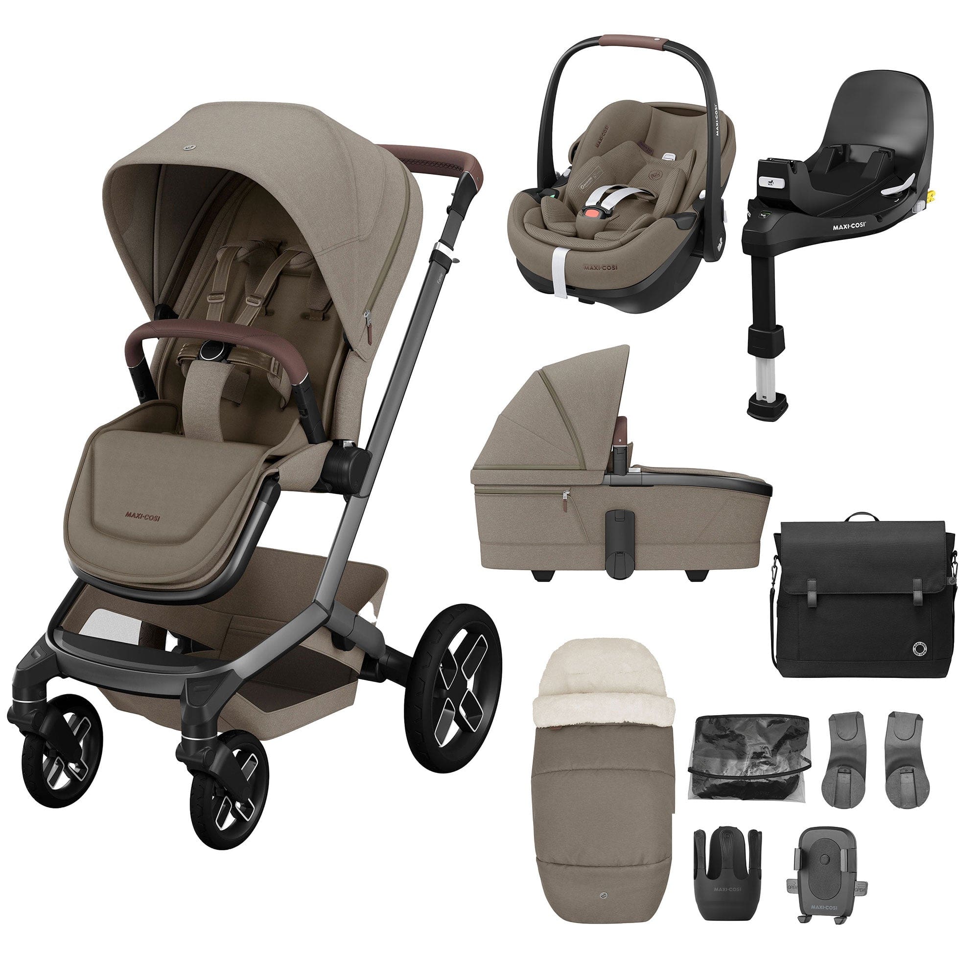 Maxi-Cosi FAME 10 Piece Premium Bundle in Twillic Truffle (Black Wheels) Travel Systems KF64100000