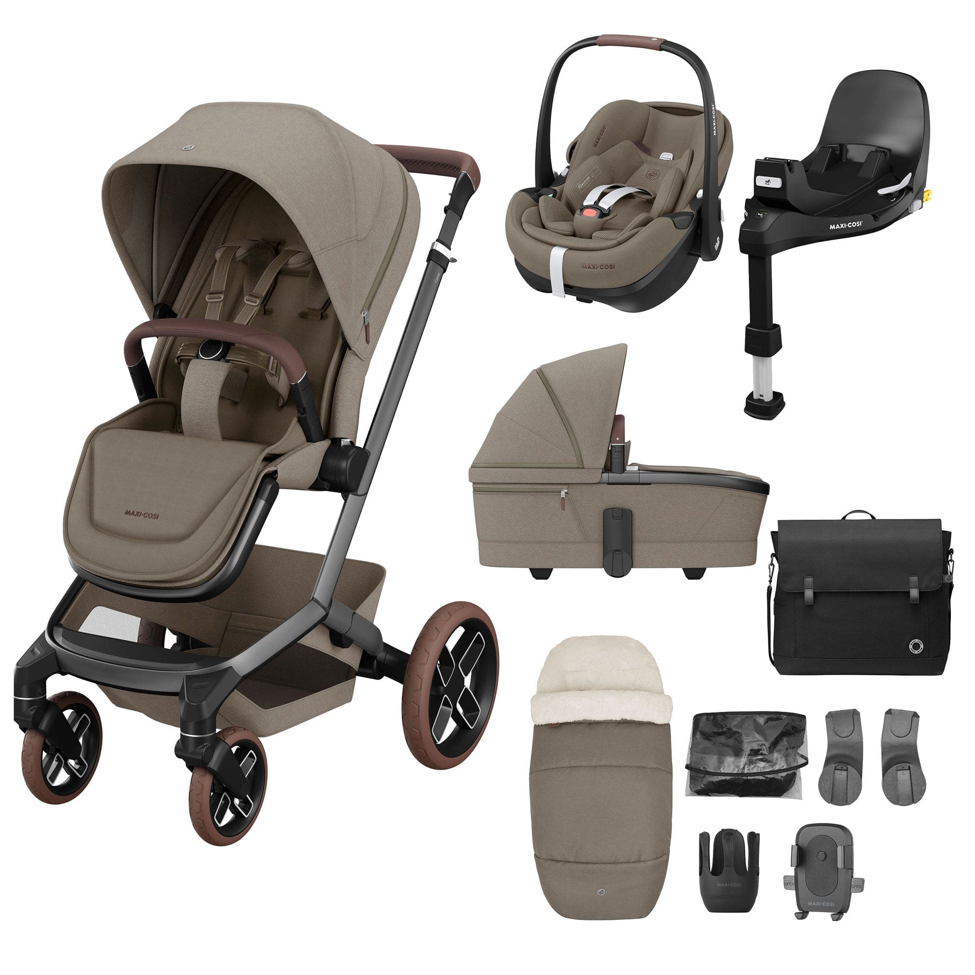 Maxi-Cosi FAME 10 Piece Premium Bundle in Twillic Truffle (Brown Wheels) Travel Systems