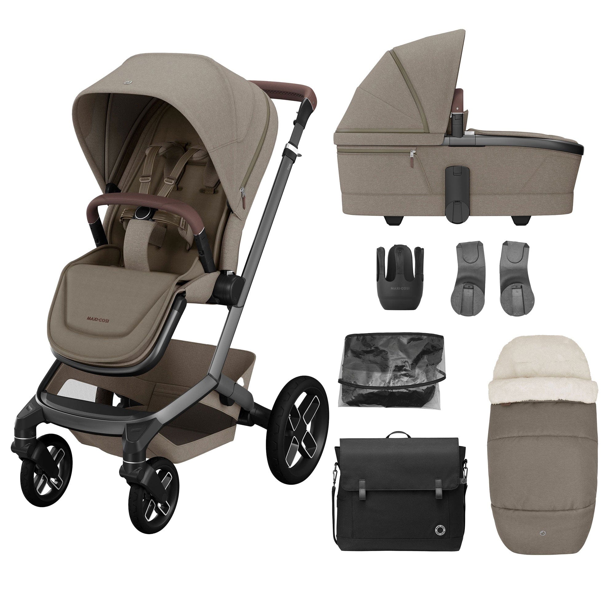 Maxi-Cosi FAME 7 Piece Essential Bundle in Twillic Truffle (Black Wheels) Travel Systems KF64500000