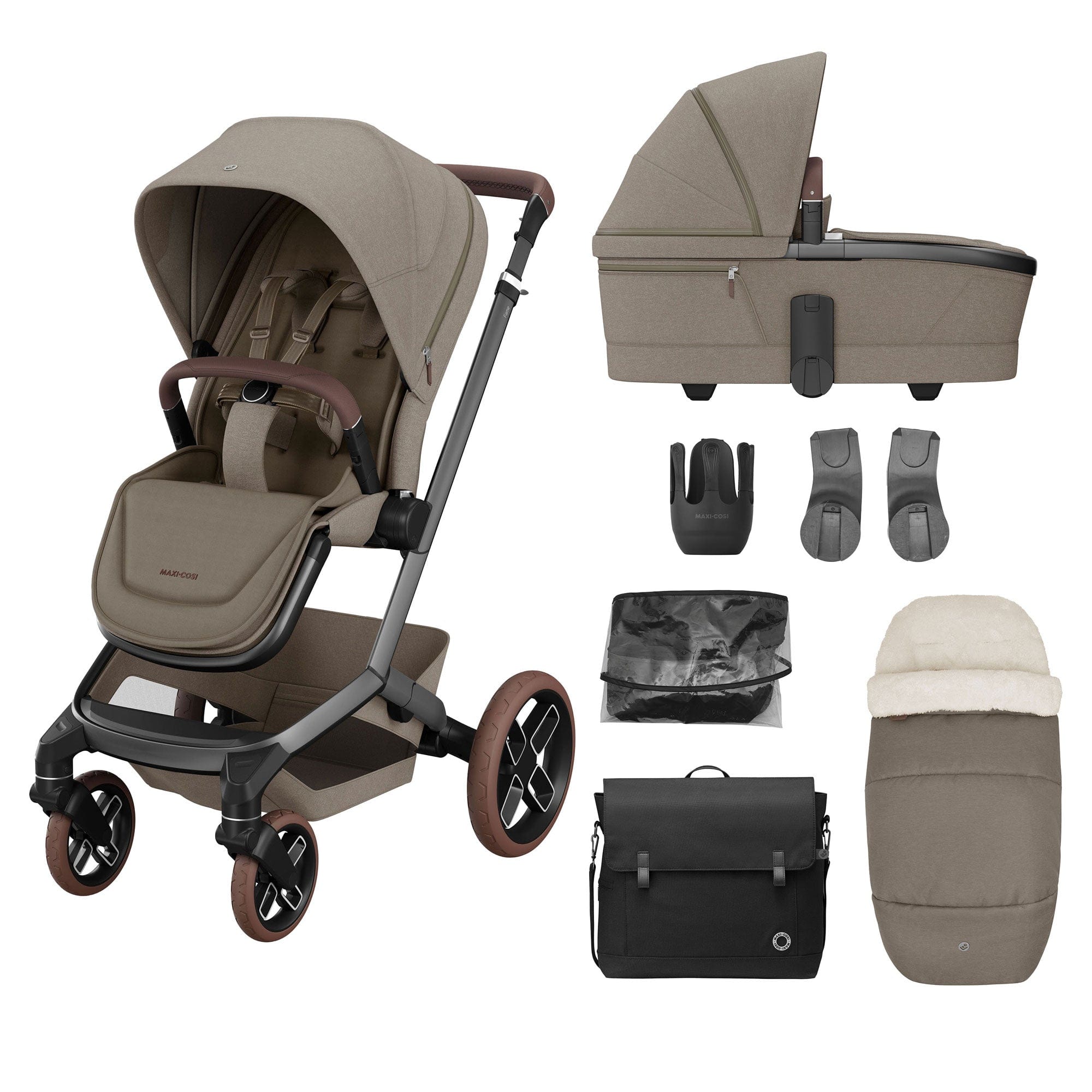 Maxi-Cosi FAME 7 Piece Essential Bundle in Twillic Truffle (Brown Wheels) Travel Systems KF69900000