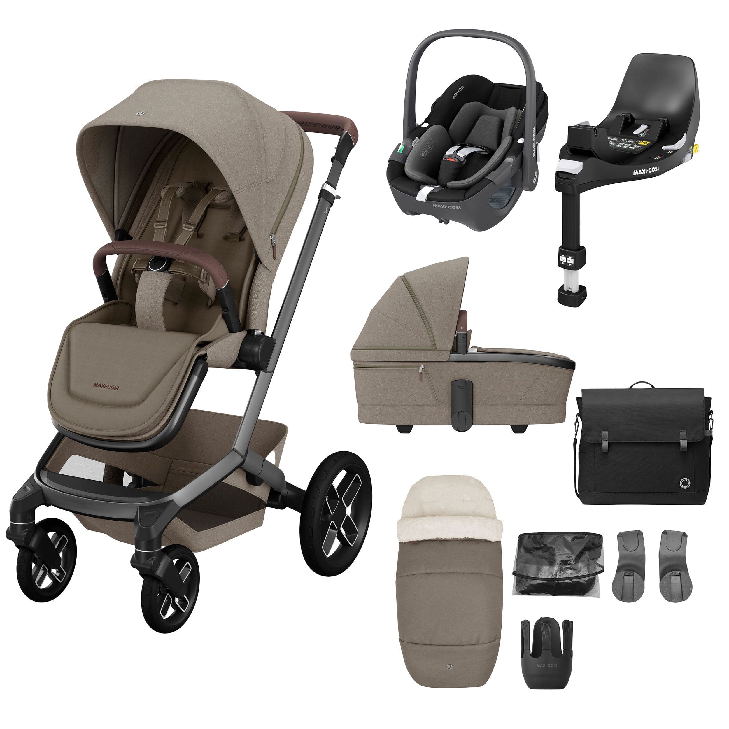 Maxi-Cosi FAME 9 Piece Complete Bundle in Twillic Truffle (Black Wheels) Travel Systems