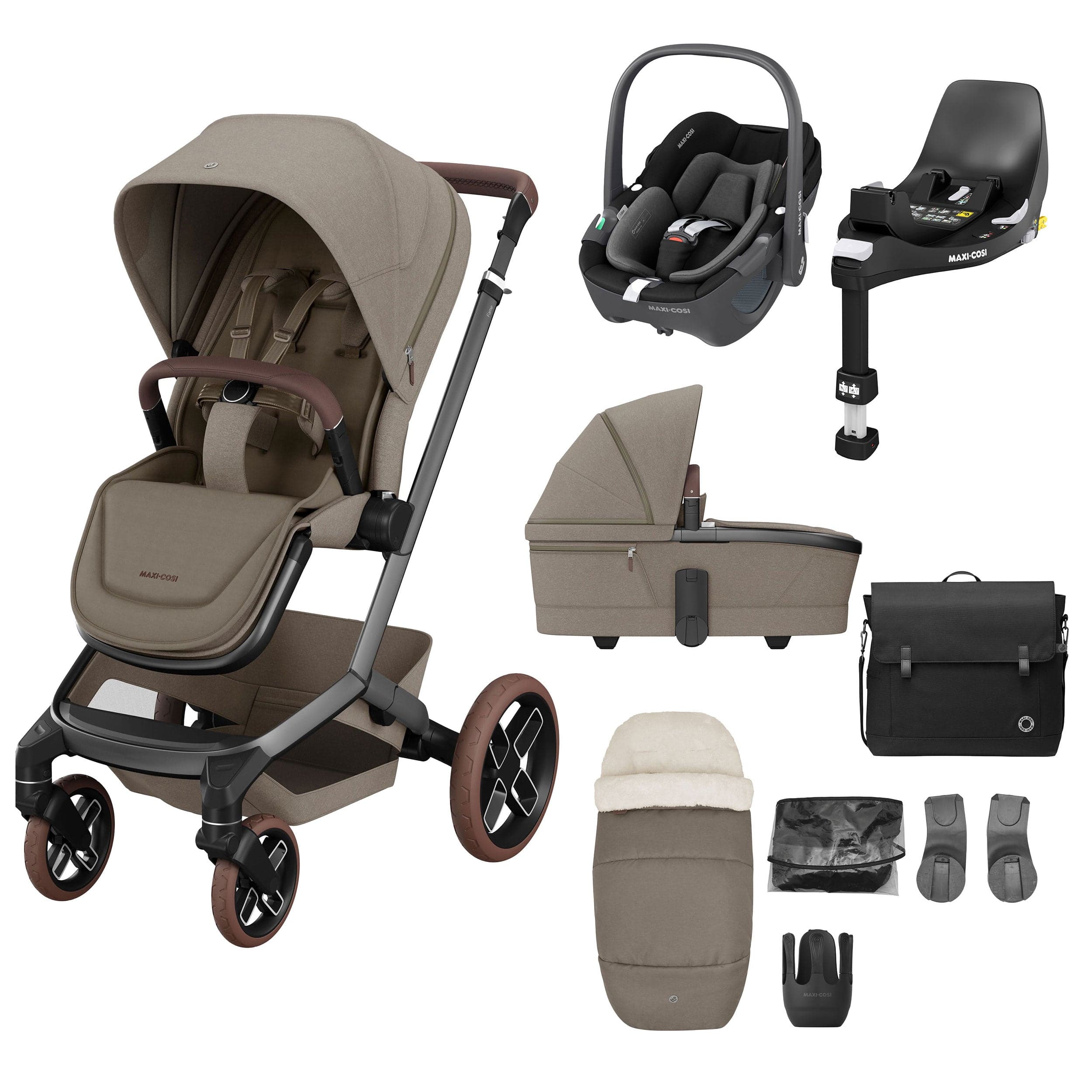 Maxi-Cosi FAME 9 Piece Complete Bundle in Twillic Truffle (Brown Wheels) Travel Systems