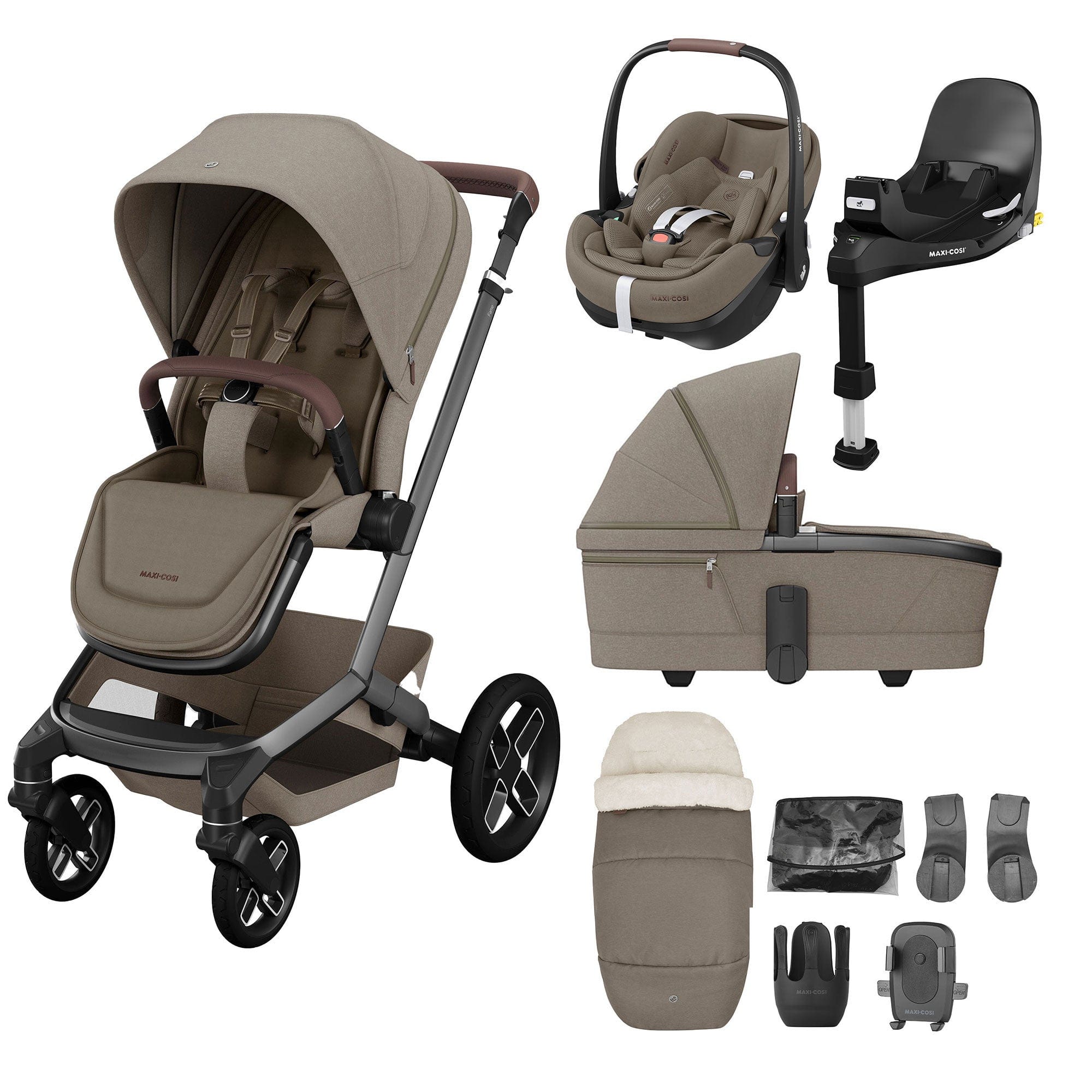 Maxi-Cosi FAME 9 Piece Premium Bundle in Twillic Truffle (Black Wheels) Travel Systems KF68700000 8712930013198