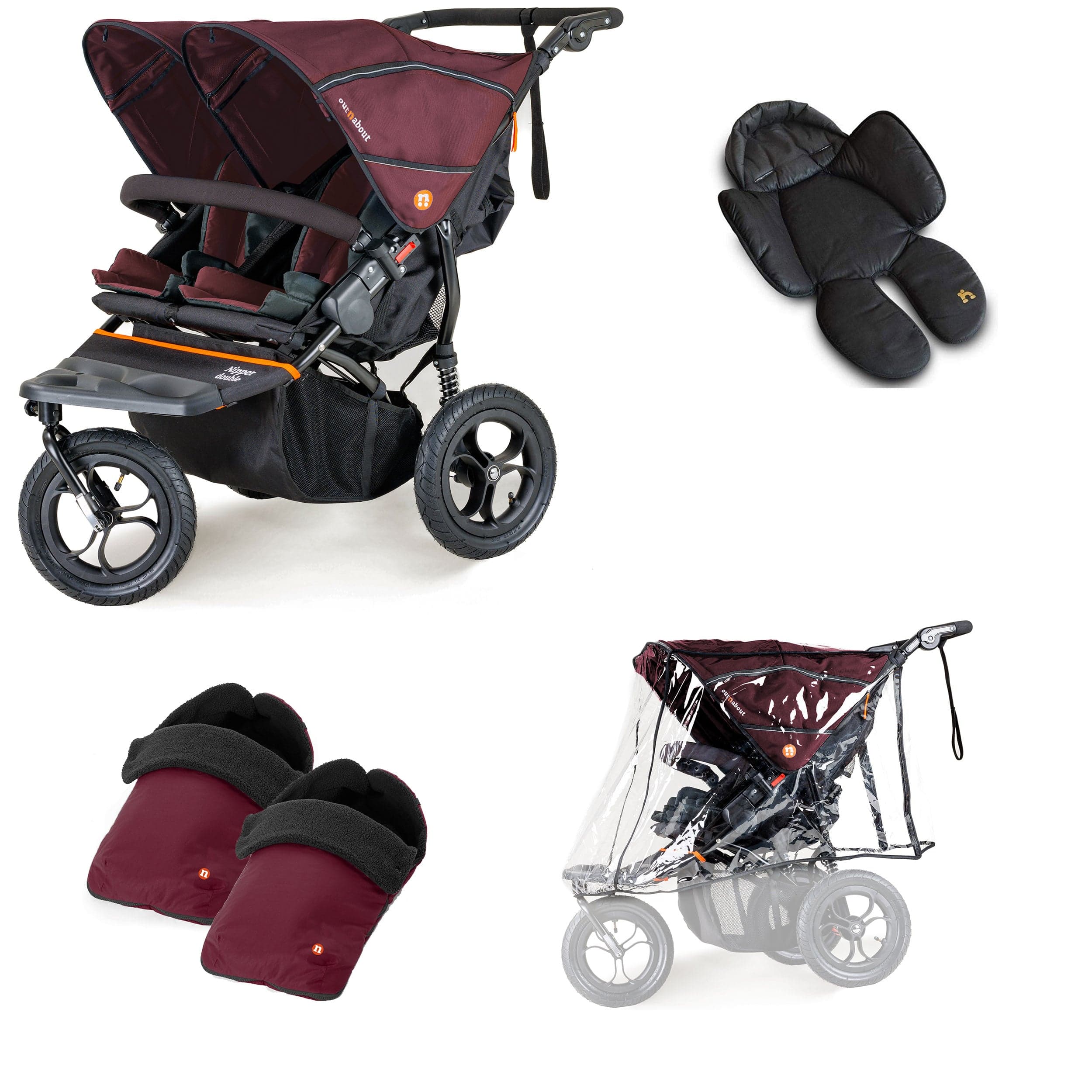 Out n About Nipper Double Duo Comfort Bundle in Brambleberry Red 3 Wheeler Pushchair Bundles 15790-DTN-COM-RED 5060167546143