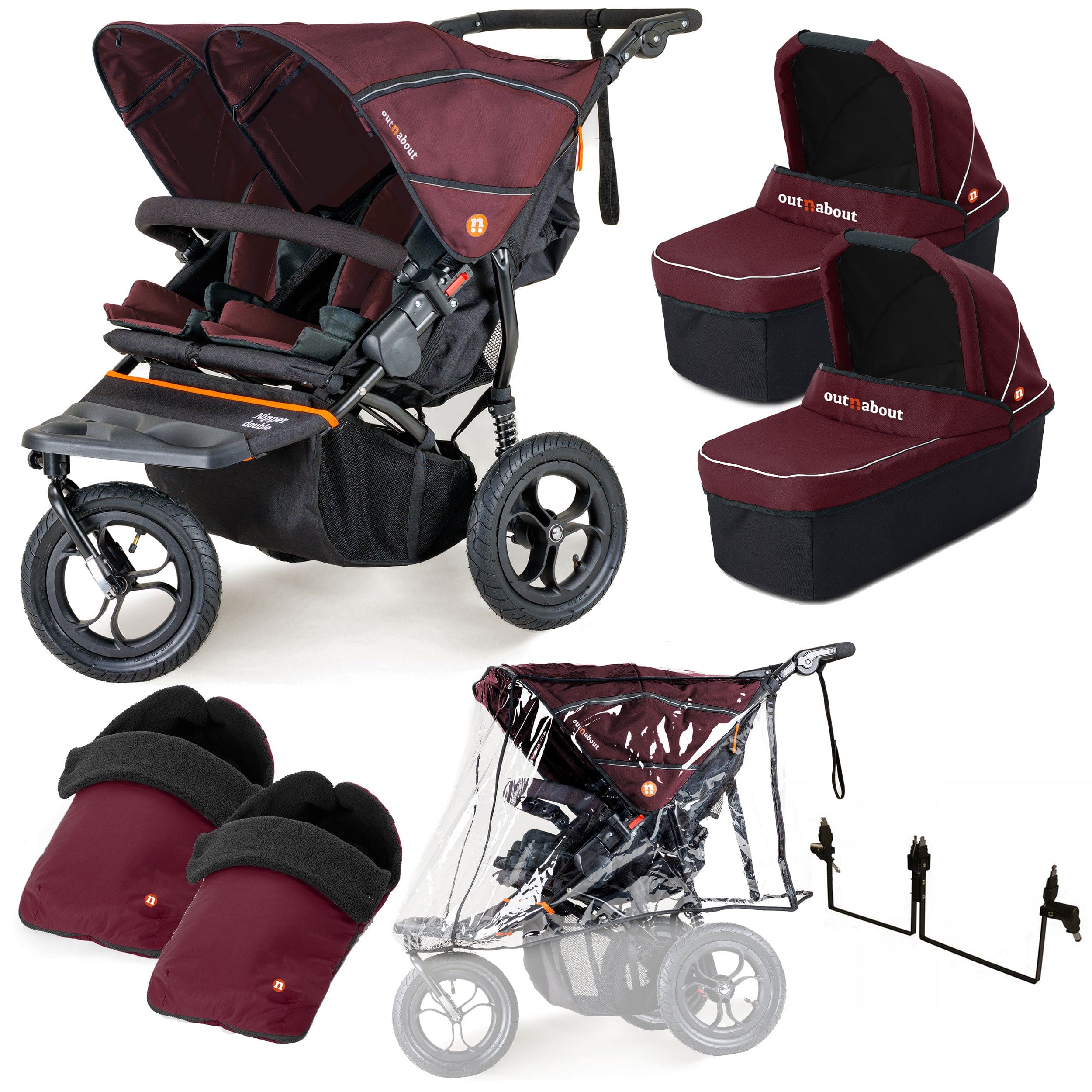 Out n About Nipper Double Twin Essentials Bundle in Brambleberry Red 3 Wheeler Pushchair Bundles 15717-DTW-ESS-RED 5060167546143