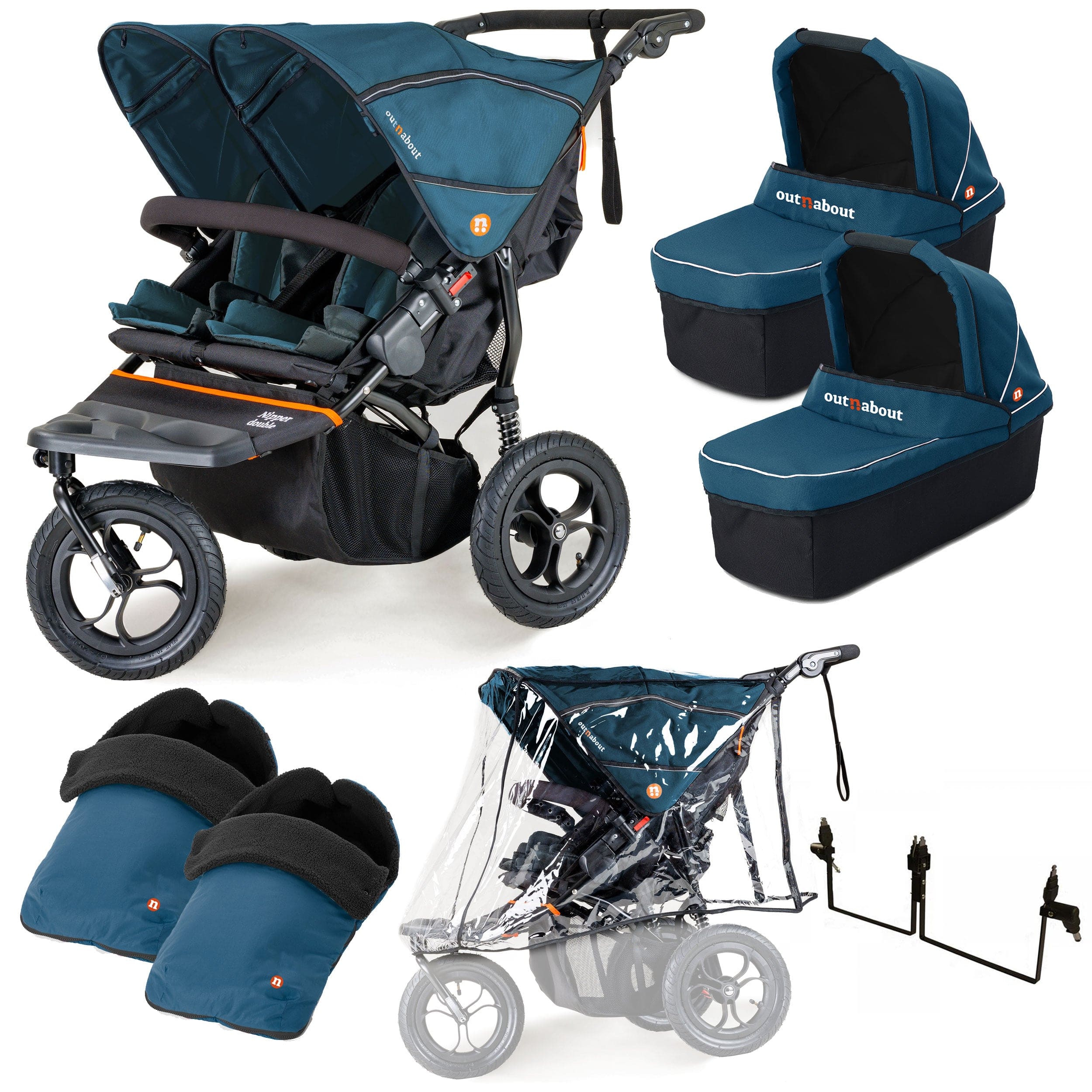 Out n About Nipper Double Twin Essentials Bundle in Highland Blue 3 Wheeler Pushchair Bundles 15719-DTW-ESS-BLU 5060167546136