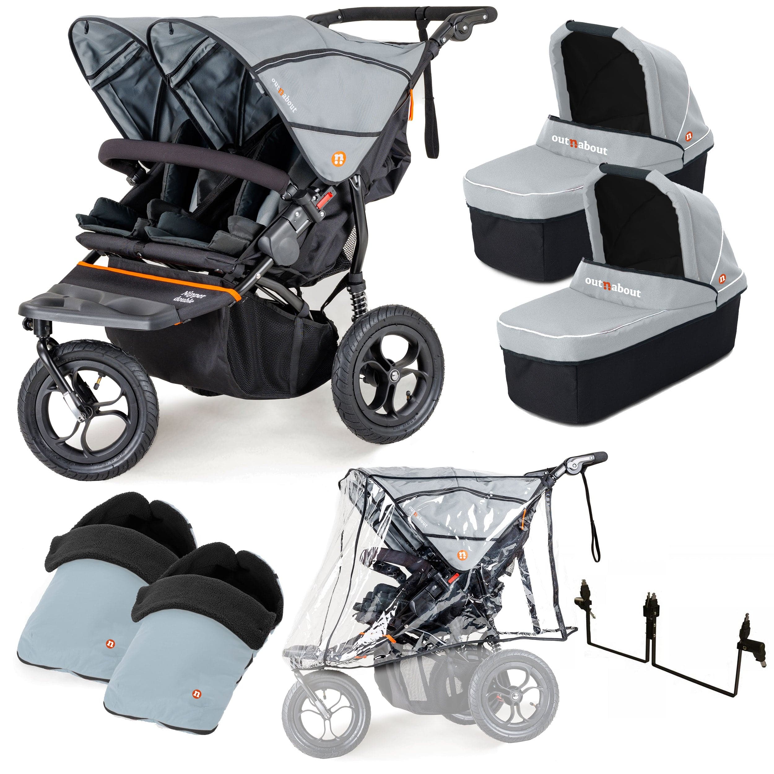 Out n About Nipper Double Twin Essentials Bundle in Rock Salt Grey 3 Wheeler Pushchair Bundles 15720-DTW-ESS-RSG 5060167546112