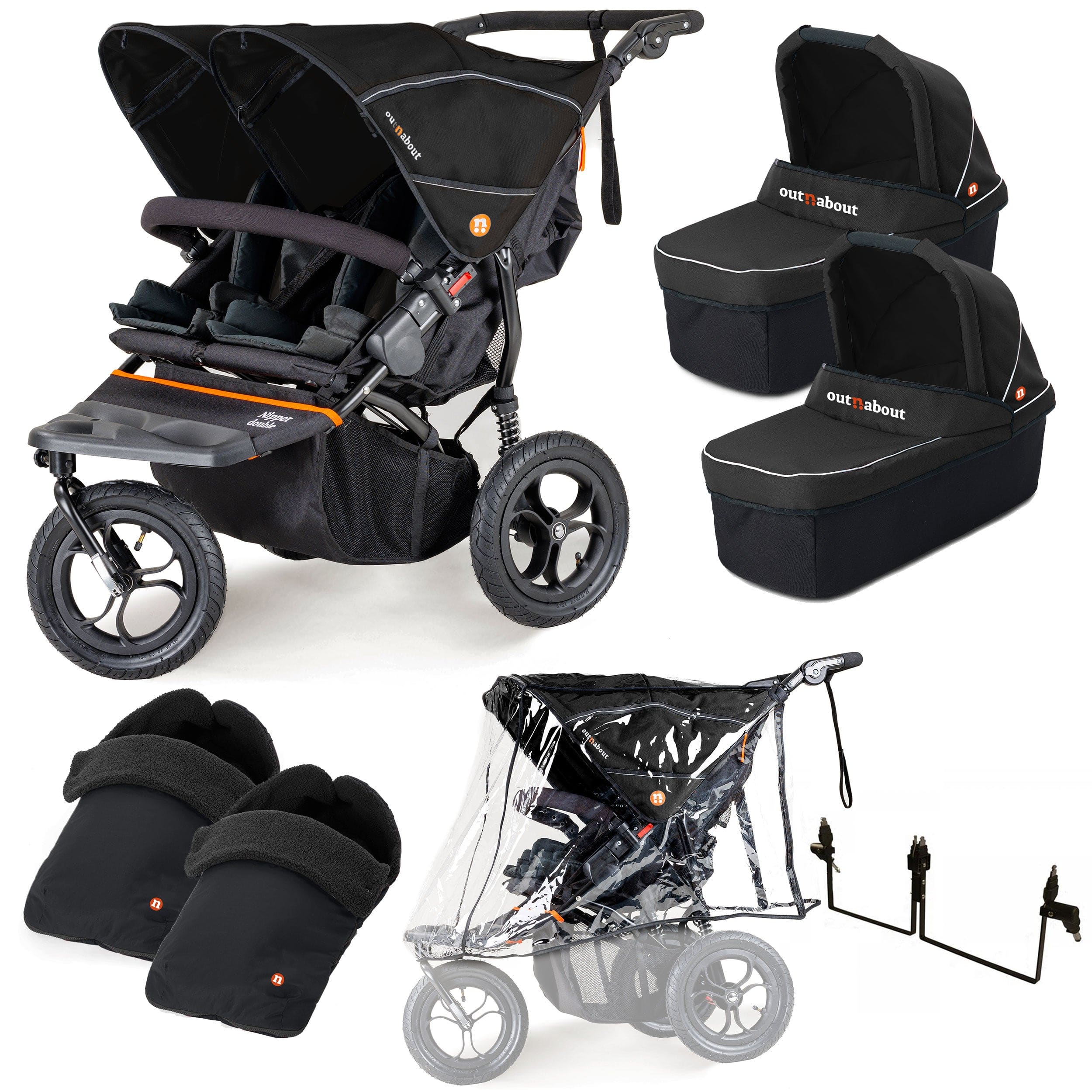 Out n About Nipper Double Twin Essentials Bundle in Summit Black 3 Wheeler Pushchair Bundles 15721-DTW-ESS-SBLACK 5060167546778