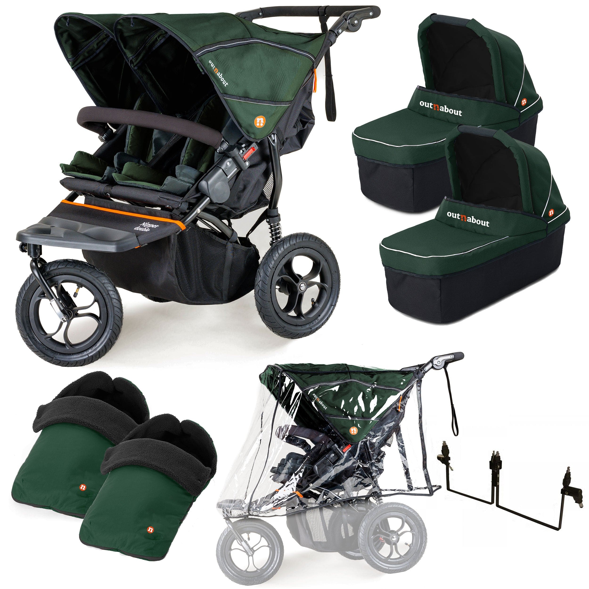 Out n About Nipper Double Twin Essentials Bundle in Sycamore Green 3 Wheeler Pushchair Bundles 15723-DTW-ESS-GRE 5060167546129