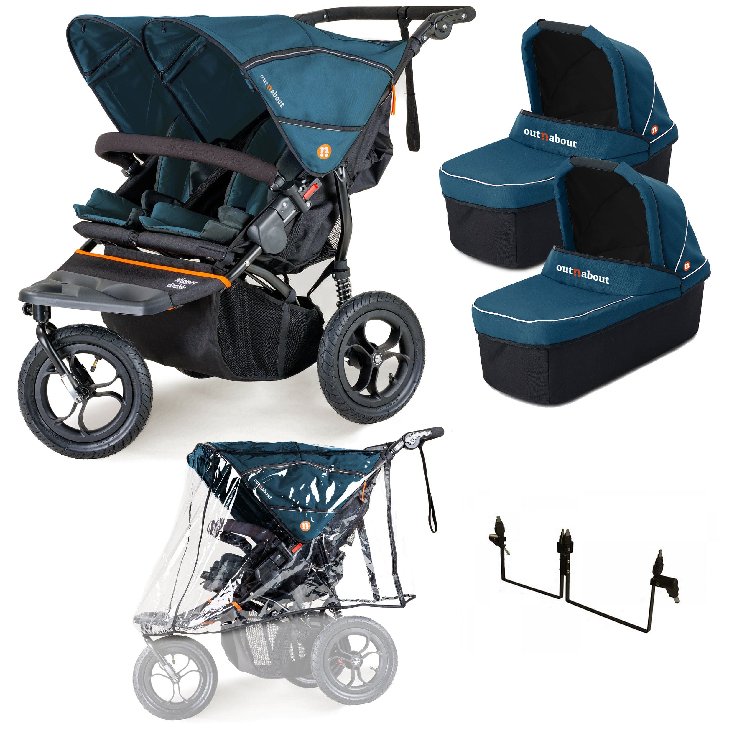 Out n About Nipper Double Twin Starter Bundle in Highland Blue 3 Wheeler Pushchair Bundles 15712-DTW-Start-Blue 5060167546136