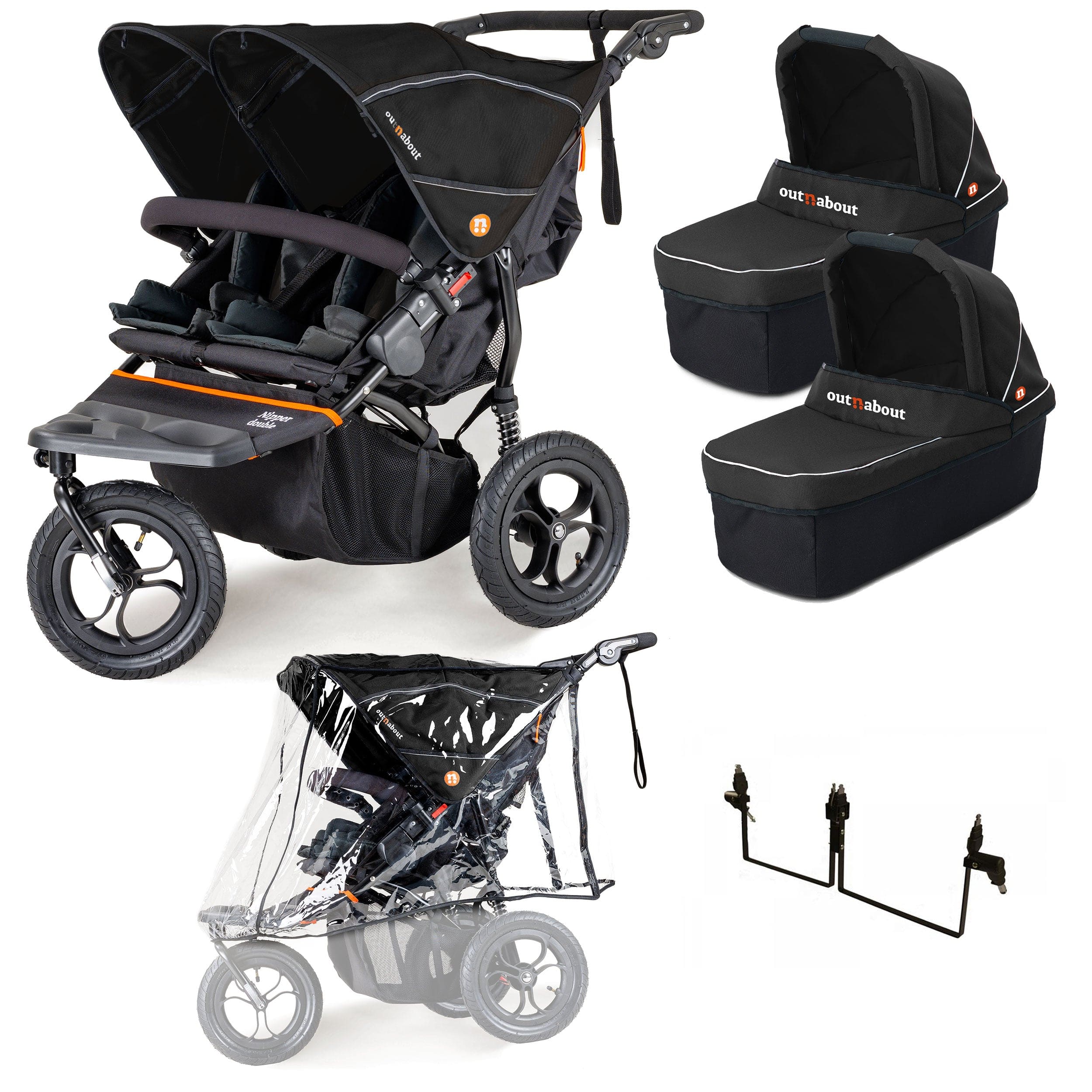 Out n About Nipper Double Twin Starter Bundle in Summit Black 3 Wheeler Pushchair Bundles 15712-DTW-START-SBLACK 5060167546778