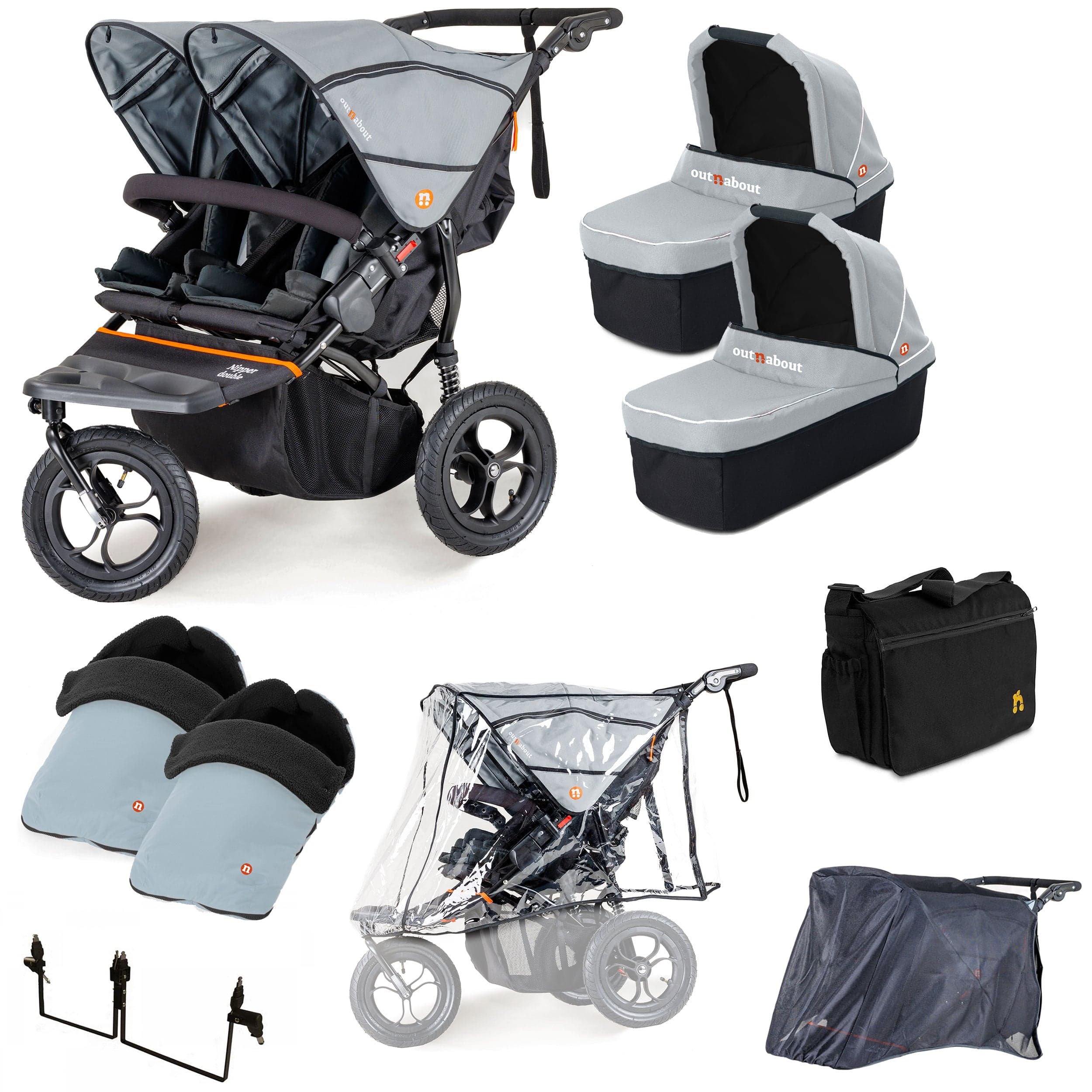 Out n About Nipper Double Twin Ultimate Bundle in Rock Salt Grey 3 Wheeler Pushchair Bundles 15740-DTW-ULT-RSG 5060167546112